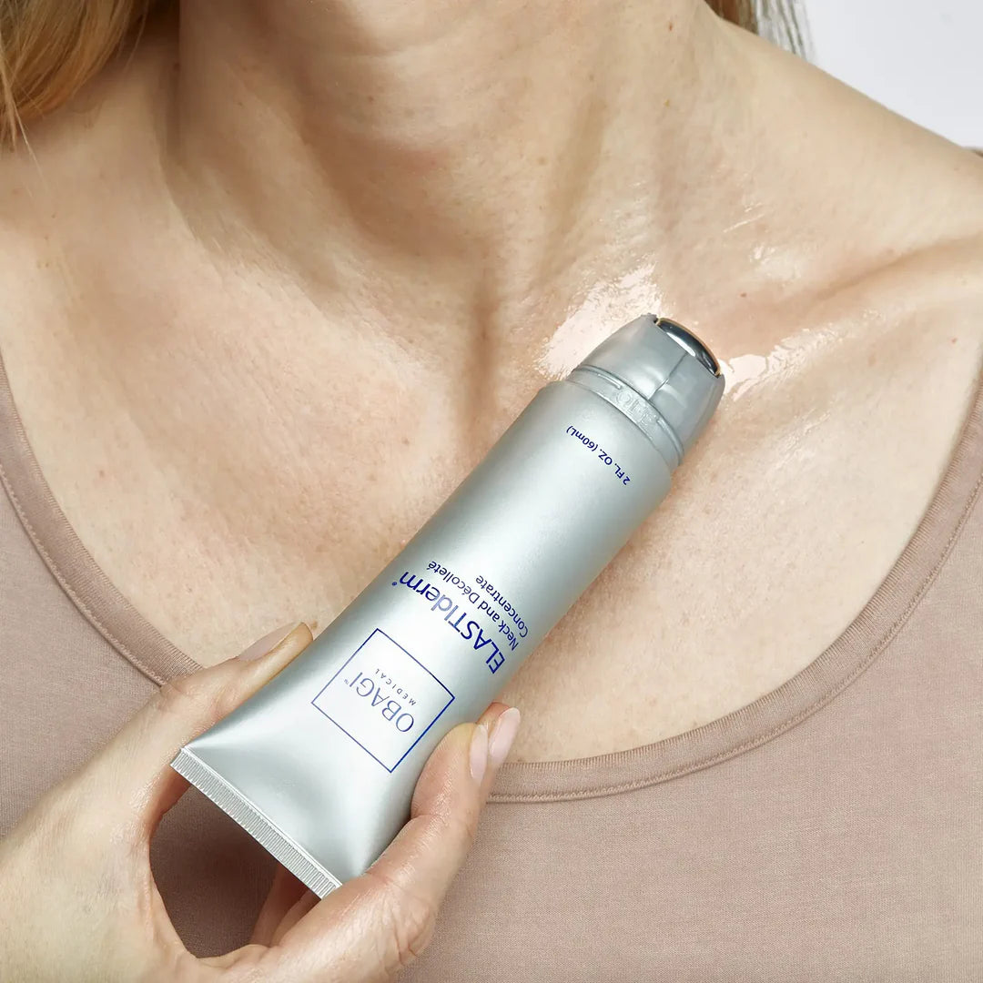 Person applying a skincare product labeled 'Oepar' to their neck.