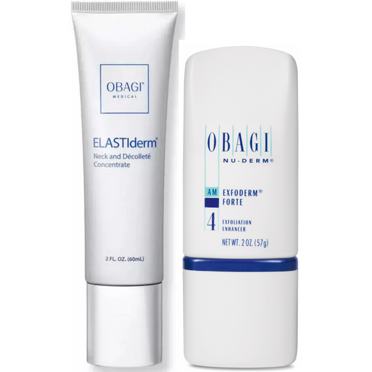 Two skin care products, Obagi Elastiderm Neck and Décolleté Concentrate and Obagi Nu-Derm Exfoderm Forte, designed for neck rejuvenation.