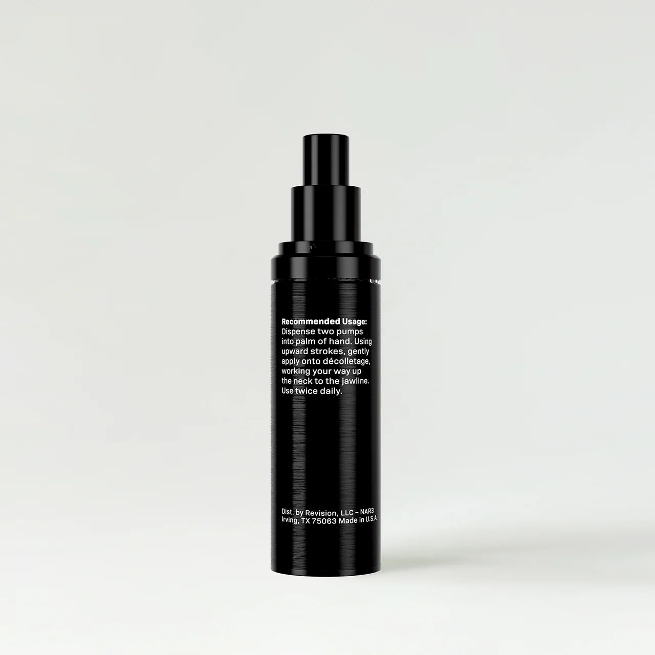 Black skincare bottle with text on a white background