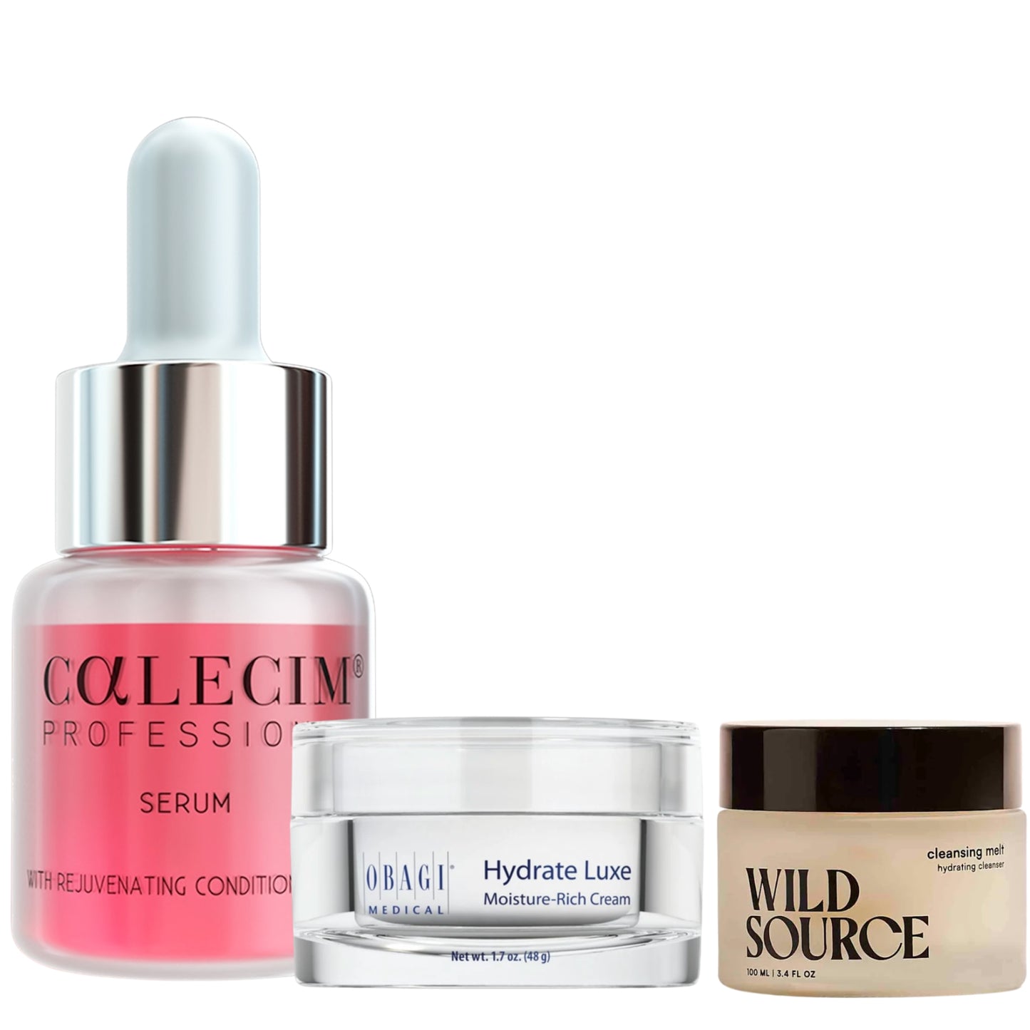 Collection of skincare products including a serum, cream, and cleanser on a white background. Calecim, Obagi and Wild Source