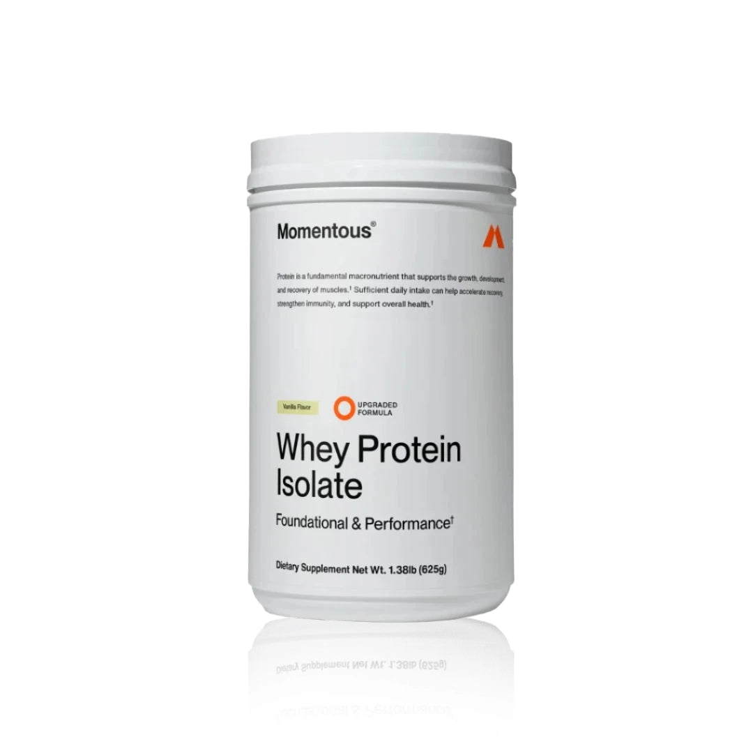 Momentous Whey Protein Isolate container on a white background