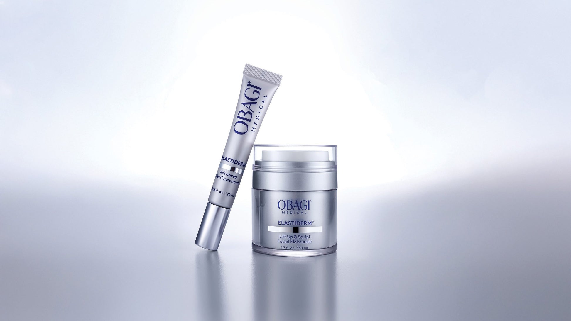 Obagi skincare products on a reflective surface with a gradient background