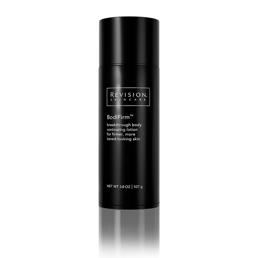 Black bottle of Revision Skincare BodiFirm lotion on a white background