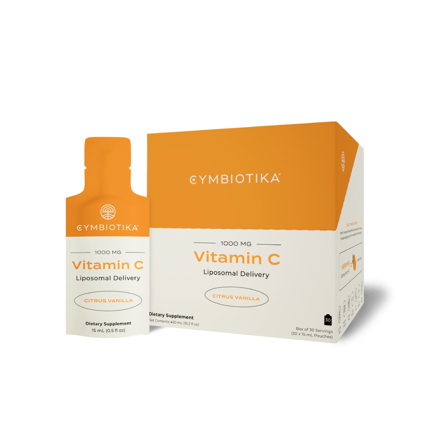 Glycemic Vitamin C supplement packaging with orange and white design on a white background