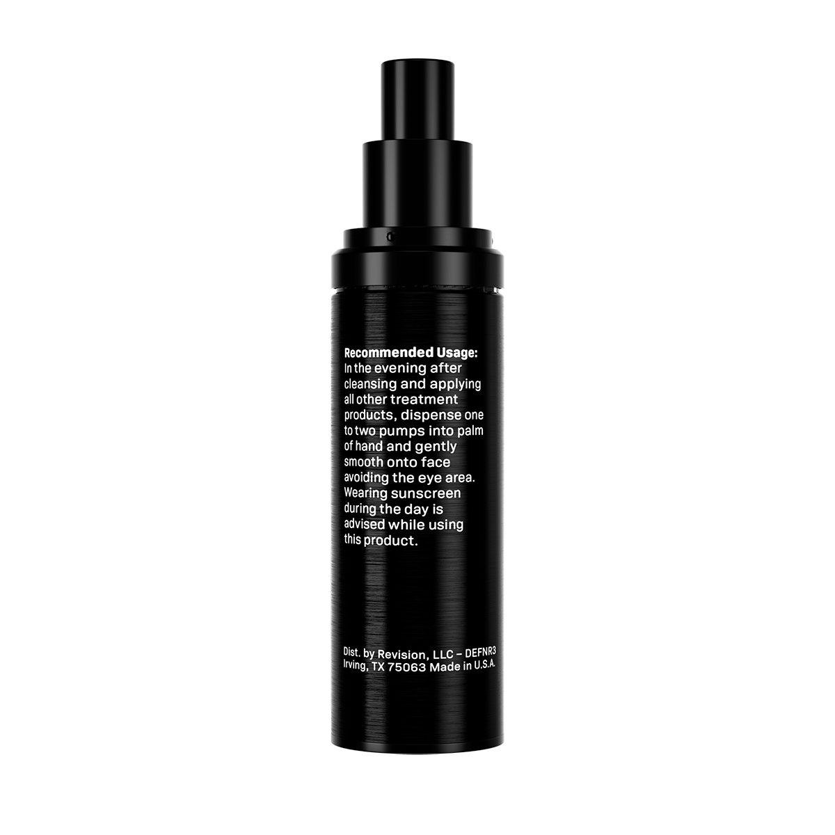 Black skincare bottle with text on a white background