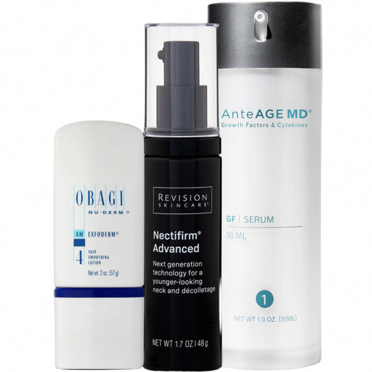 Three skincare products from Obagi, Revision, and AnteAGE MD on a black background