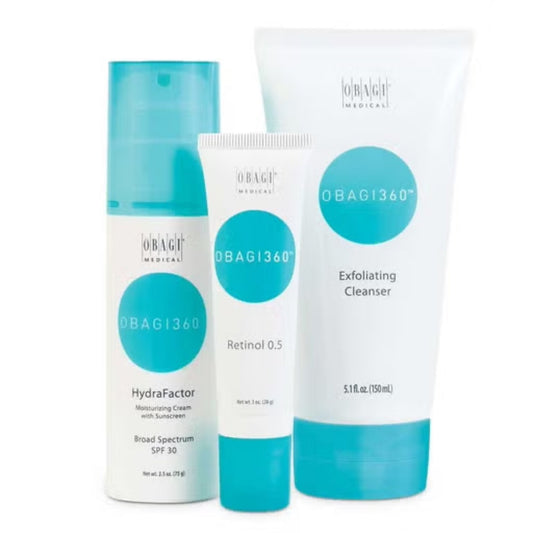 A set of three Obagi360 skincare products, including a moisturizing cream, a retinol cleanser, and an exfoliating cleanser, all in white bottles with blue and teal accents.