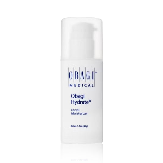 A pump bottle of Obagi Hydrate facial moisturizer.