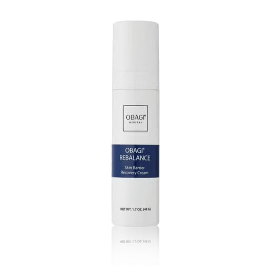 A white pump bottle with blue and black labeling for Obagi Rebalance Skin Barrier Recovery Cream.