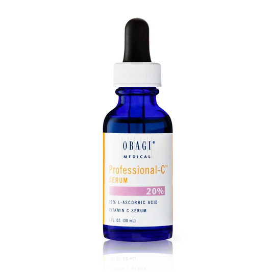 A blue bottle with a white label that reads 'OBAGI Professional-C Serum 20%', with a dropper dispenser.