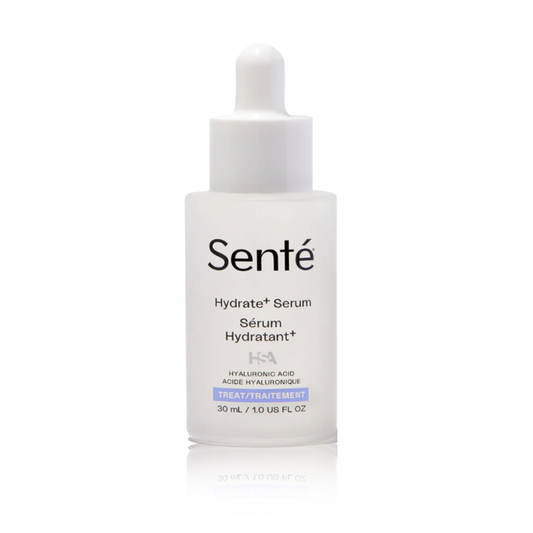 A bottle of Senté Hydrate+ Serum with a white dropper cap, designed for dispensing the product.