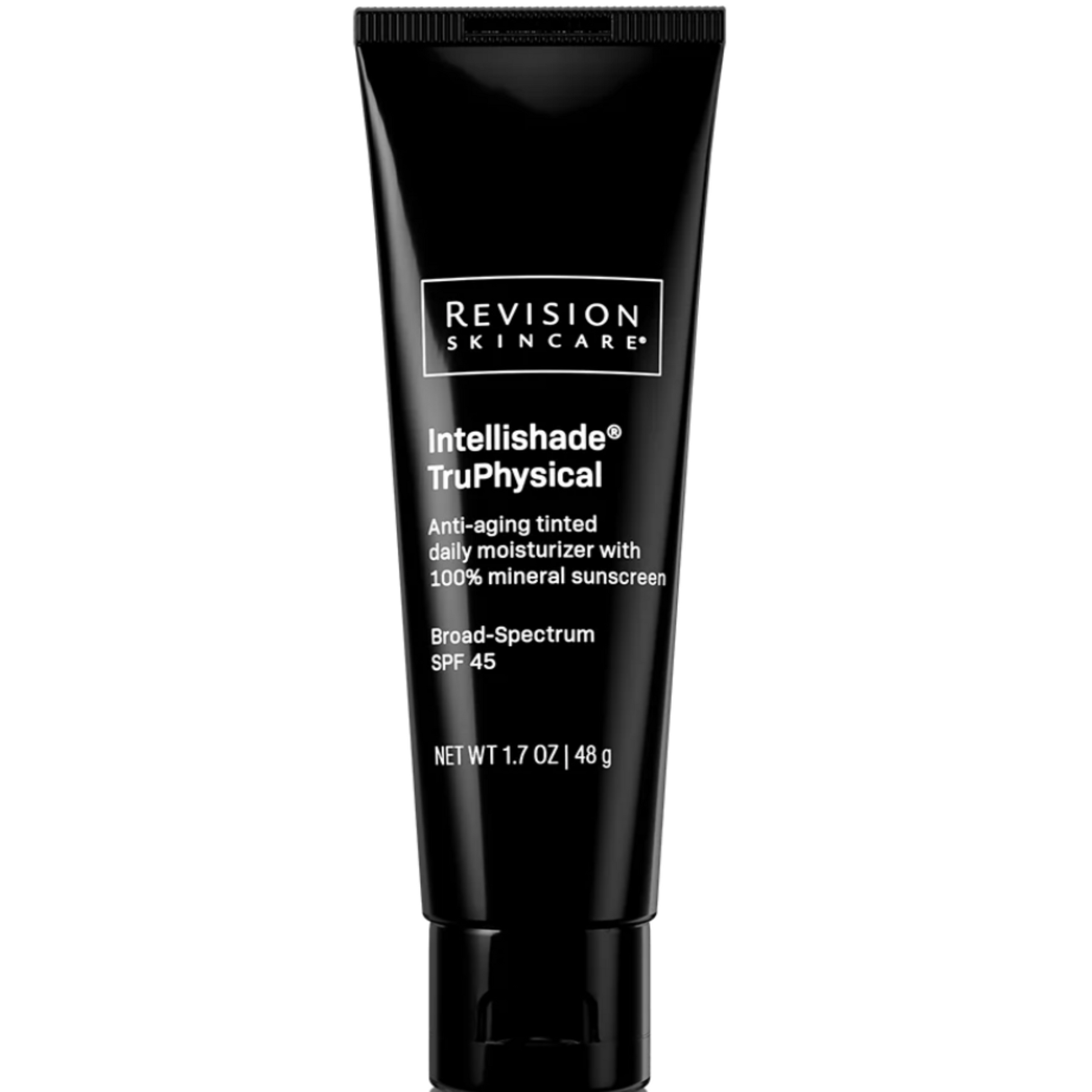 A tube of Revision Intellishade TruPhysical anti-aging tinted moisturizer with SPF 45, indicating it is a daily skincare product designed to protect, correct, and hydrate the skin.