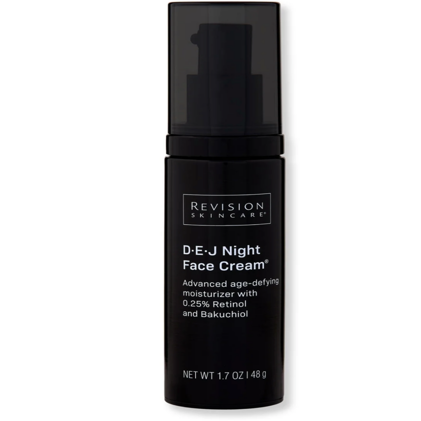 A pump bottle of Revision D•E•J Night Face Cream with black labeling.