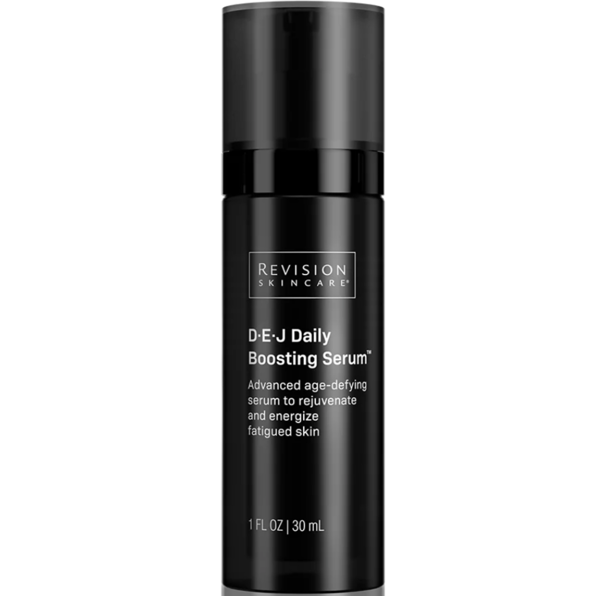 A black bottle of Revision D·E·J Daily Boosting Serum with white and silver text detailing the product name and benefits.