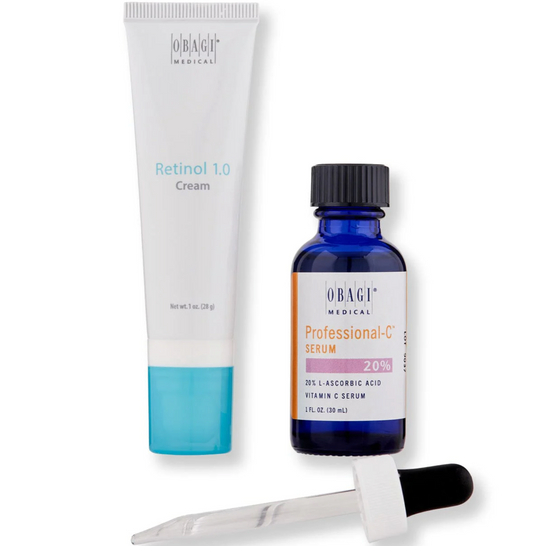 Two skincare products, Obagi Professional-C Serum in a blue bottle and Obagi Retinol 1.0 Cream in a white tube, with a dropper in between them.