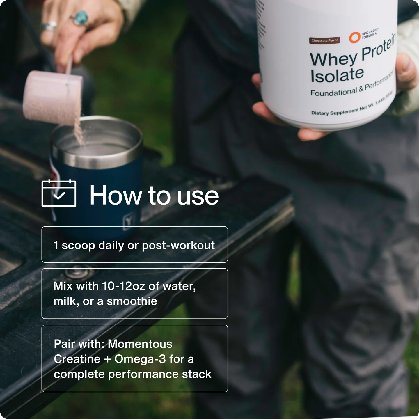 Person mixing whey protein isolate with water outdoors