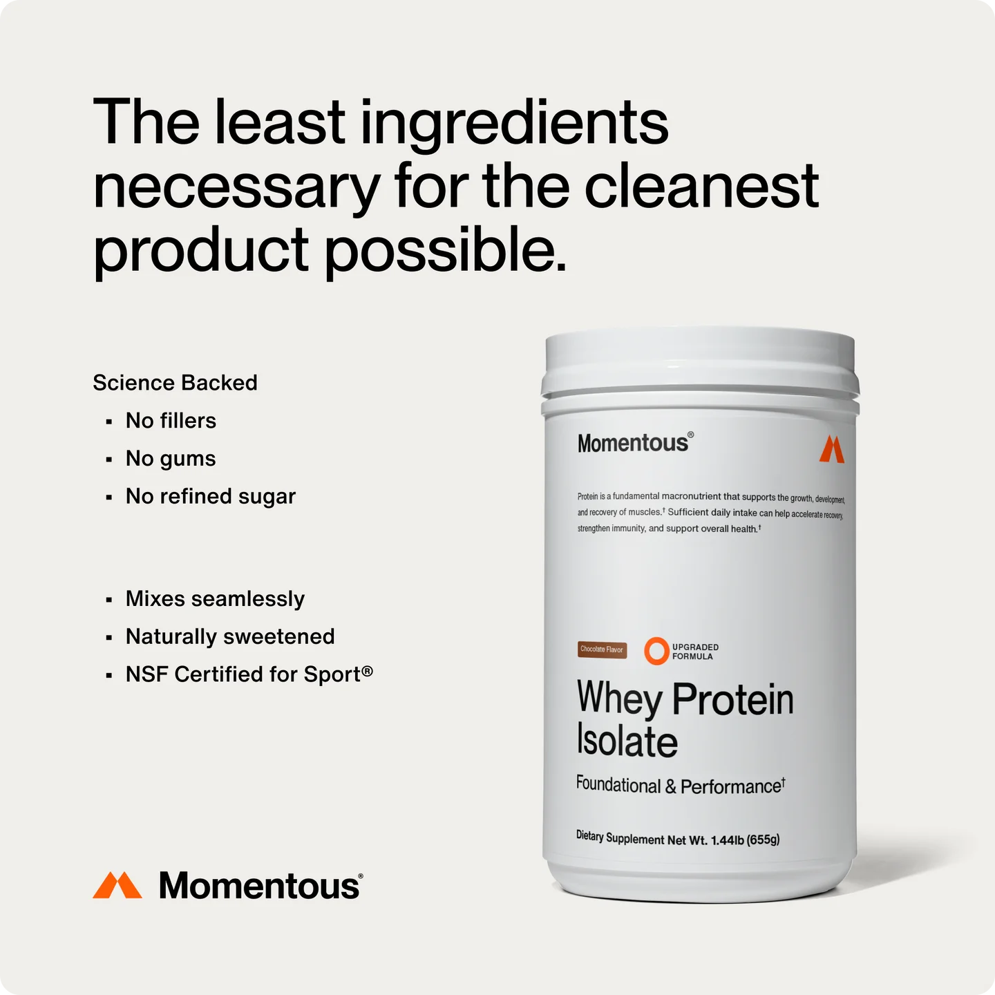 Momentous Whey Protein Isolate container with branding and product details on a white background