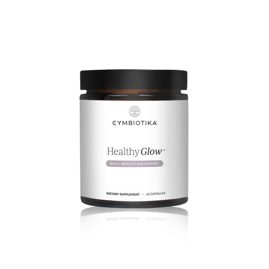 Cymbiotika Healthy Glow dietary supplement jar on a white background