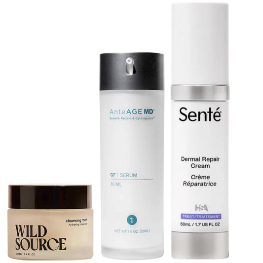 Three skincare products from Wild Source, AnteAGE MD, and Sente on a white background