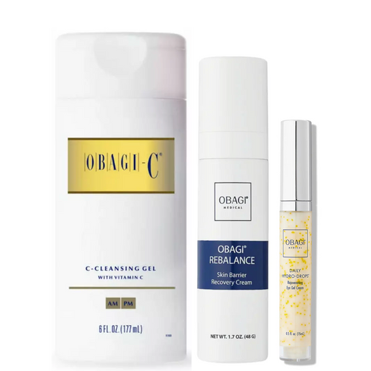 A collection of Obagi skincare products including C-Cleansing Gel, Rebalance Recovery Cream, and Hydro-Drops Rejuvenating Eye Gel Cream.