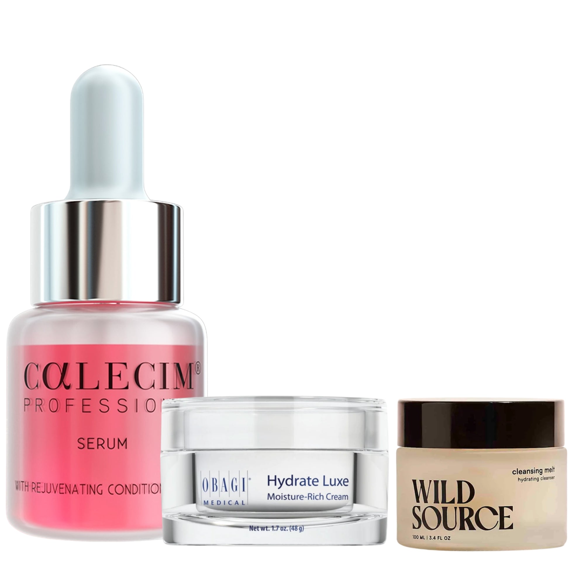 Collection of skincare products including a serum, cream, and cleanser on a white background. Calecim, Obagi and Wild Source