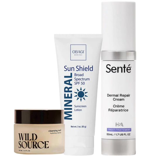 Three skincare products from Wild Source, Obagi, and Sente on a white background