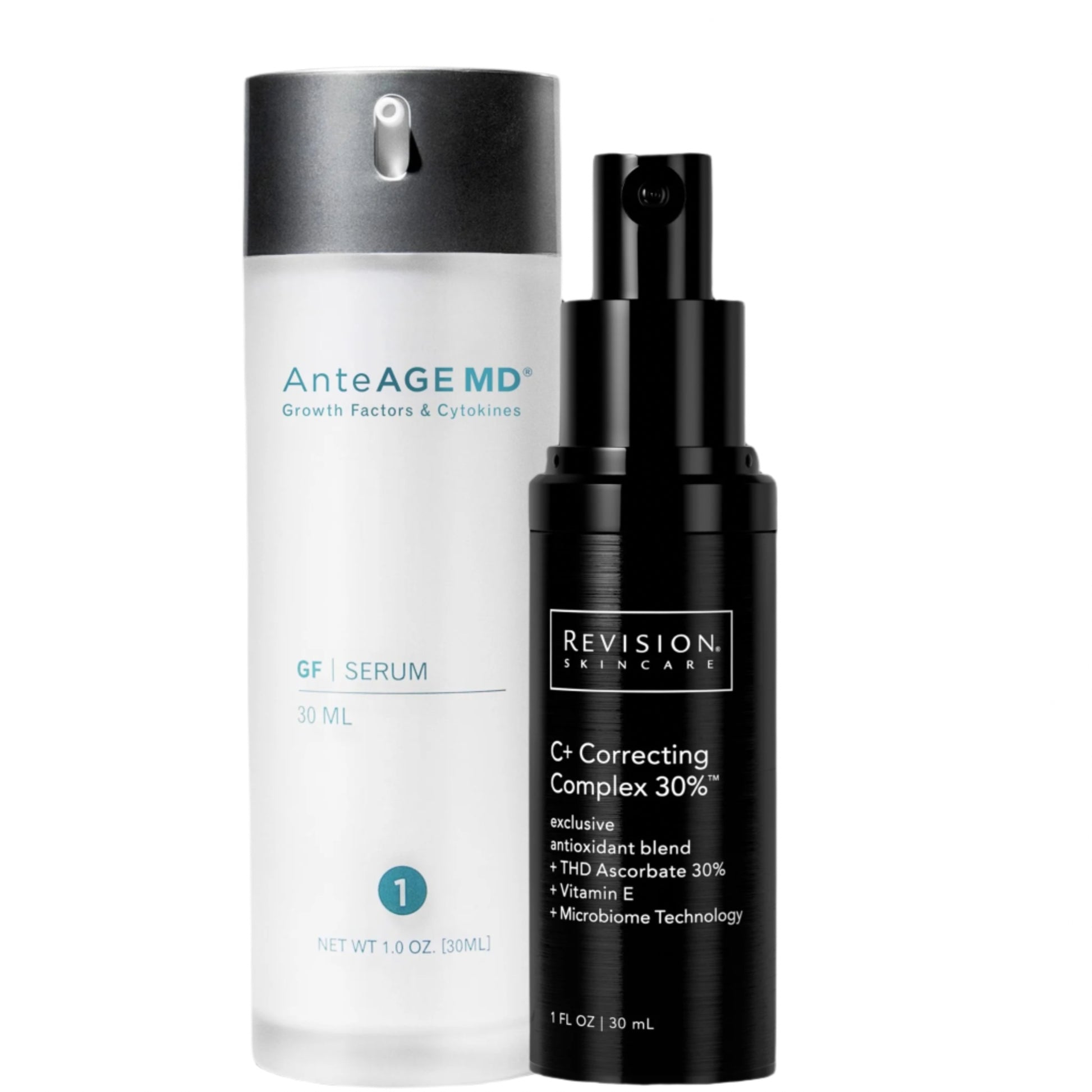 Two skincare products, one labeled 'AnteAGE MD' and the other 'Revision Skincare', on a white background.