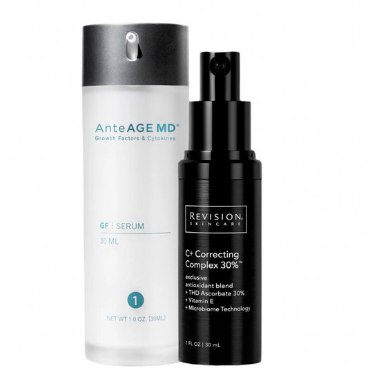Two skincare products, one labeled 'AnteAGE MD' and the other 'Revision Skincare', on a white background.